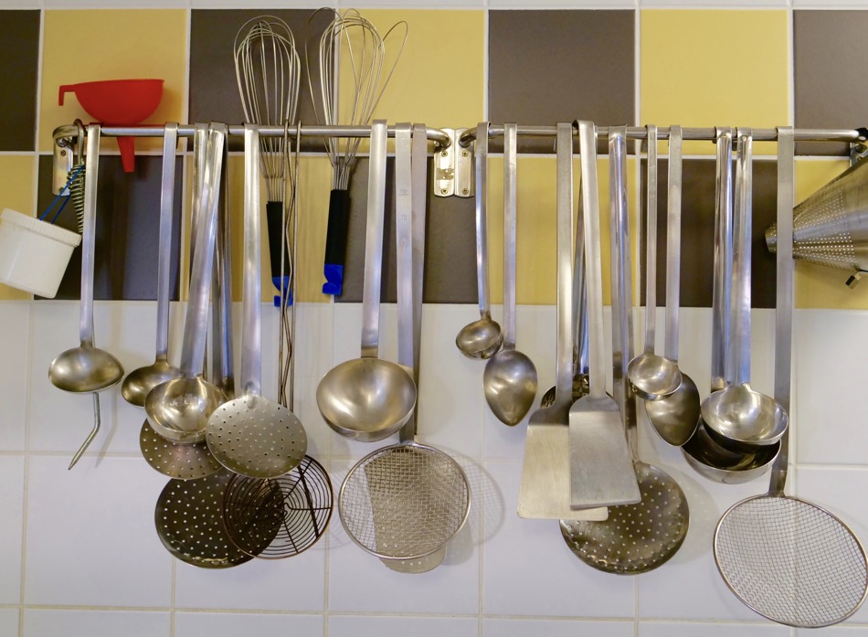 Kitchen utensils in French school cafeteria kitchen