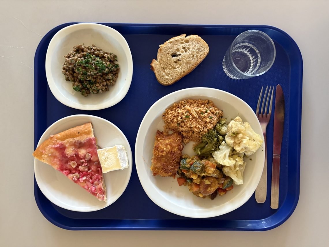 Typical French school lunch tray with lentils, vegetables, cheese, bread, and a fruit tart.
