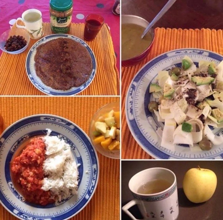 Collage of Catherine's daily meals in France, including a buckwheat crêpe breakfast, fish lunch, apple snack, and vegetable soup dinner.