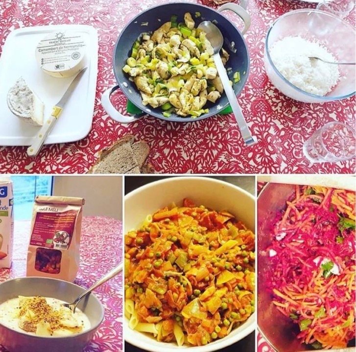 Collage showing Delphine’s meals for the day — cereal breakfast, chicken lunch, pasta dinner — illustrating what French women eat in a day.