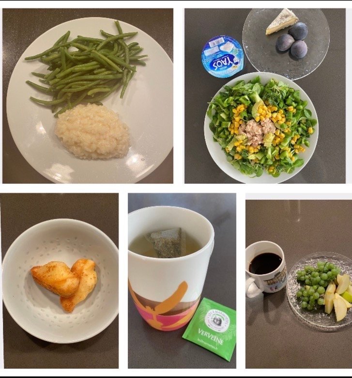 Collage showing Léonor’s meals for the day — fruit breakfast, salad lunch, madeleine snack, and risotto dinner — as part of what French women eat in a day.