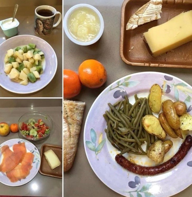 Collage of Vanina’s daily meals — fruit-and-yogurt breakfast, salmon lunch, and sausage-and-vegetable dinner.